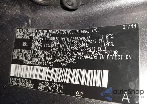 2011 Toyota Sienna Le V6 из США, поврежденный, VIN 5TDKK3DC3BS117189